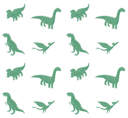 Vector seamless pattern of hand drawn doodle sketch different green dinosaur isolated on white background