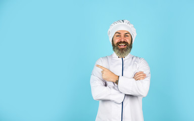 Cook delicious recipe. culinary and cuisine. Healthy food cooking. bearded man chef uniform. Bearded man cooking in kitchen. Professional chef in cook uniform. Preparation and culinary concept