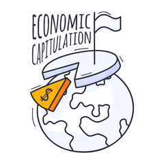 The concept of an economic crisis. Vector illustration is hand-drawn in doodle style. Planet Earth with a chart, a dollar sign and a white flag of surrender