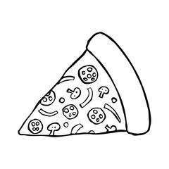 Black contour pizza icon. Hand drawn vector graphic illustration. Isolated object on a white background. Isolate.