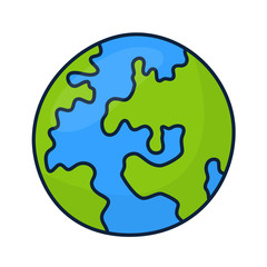 Planet Earth icon vector illustration isolated on white background. Cartoon flat Doodle line illustration.