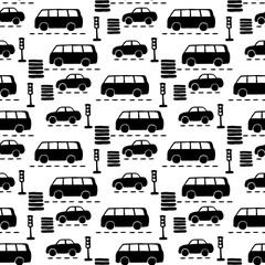 Cars, road and traffic light isolated on white background. Side view. Cute childish seamless pattern. Hand drawn vector graphic illustration. Texture.
