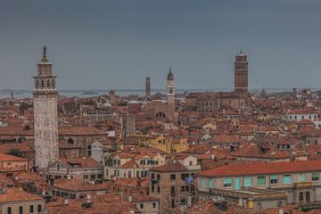 Fototapeta na wymiar Aerial view of Frari Basilica and venetian bell towers, Venice, Italy
