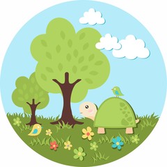 Apple tree with a turtle and birds in the meadow