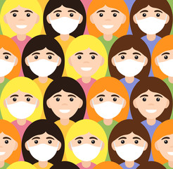 Vector seamless pattern of flat cartoon different girl woman face in medical mask. Coronavirus pandemic illustration