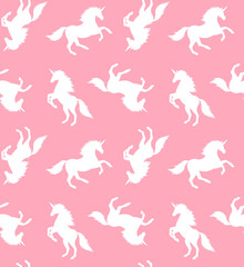 Vector seamless pattern of sketch white unicorn silhouette isolated on pink background
