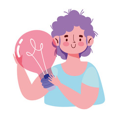 young man holding light bulb creativity isolated icon design