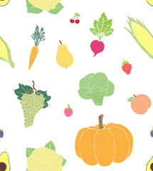 Vector seamless pattern of hand drawn doodle sketch fruit and vegetables isolated on white background