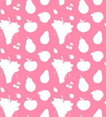 Vector seamless pattern of white sketch fruit and berries silhouette isolated on pink background