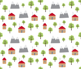 Vector seamless pattern of colored hand drawn doodle sketch country houses trees and landscape isolated on white background