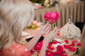 girl collects a bouquet