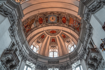 Feb 4, 2020 - Salzburg, Austria:Altar facade dome fresco artwork inside Salzburg Cathedral