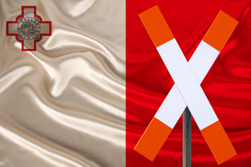 customs sign, stop, attention on the background of the silk national flag of Malta country, concept...