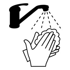 Washing hands with soap. Covid-19 prevention. Black illustration.