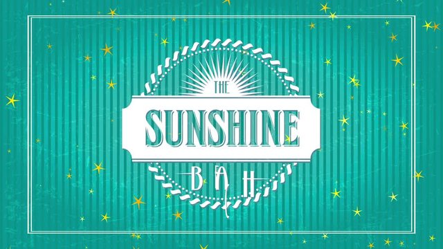 the daylight shoreline place advertising with words written inner and surrounding ribbon surrounded by splattered round over classical turquoise background