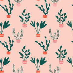 Seamless pattern with abstract pot flowers. Cartoon print with plants.