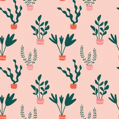 Wallpaper murals Plants in pots Seamless pattern with abstract pot flowers. Cartoon print with plants.