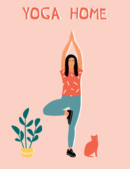 Woman doing yoga at home. Illustration with pose Tree Pose, Vrikshasana.