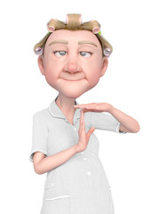 grandma nurse cartoon is saying give me a break in white background