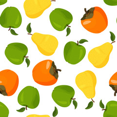 Fresh yellow pear, persimmon and green apple seamless pattern. Bright summer background.