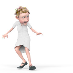 grandma nurse cartoon looking down and scared in white background