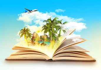 Open book with tropical island beach with sea water and palms