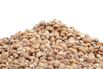 Mountain of pearl barley close up on white background