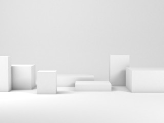 Minimal still life installation with white boxes, 3d