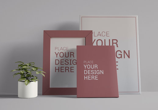 Three Poster Frames in Interior with Plant Mockup