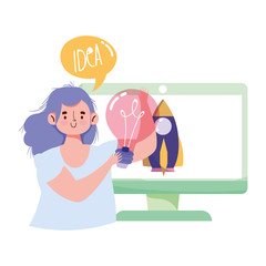 people creativity and technology,girl with idea computer startup cartoon