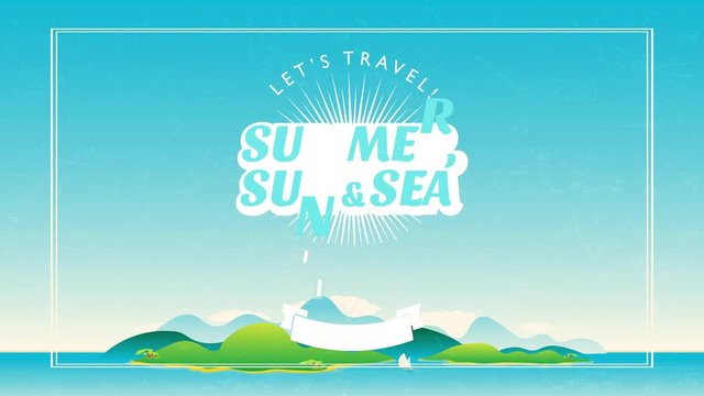 summer sun and sea written inside text lets travel and holiday tours over background with island surrounded by shadow mountains under blue sky