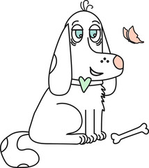 The dog smiles and looks at the butterfly. Outline drawing