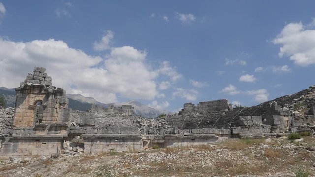 Ruins of ancient theater in Xanthos, Turkey old roman and lycian rock tombes and civilization 