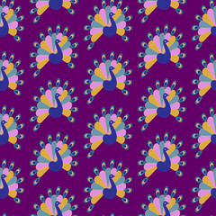 Seamless vector pattern with exotic oriental motifs. Peacocks with open tail resembling colourful fans on purple background. Exquisite feathers in pastel colours. Simple design perfect for textiles.