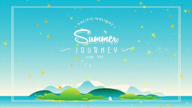 50s fancy travel corporation concept with printing creating round around script summertime voyage surfboard fest on scene with island under huge blue sky