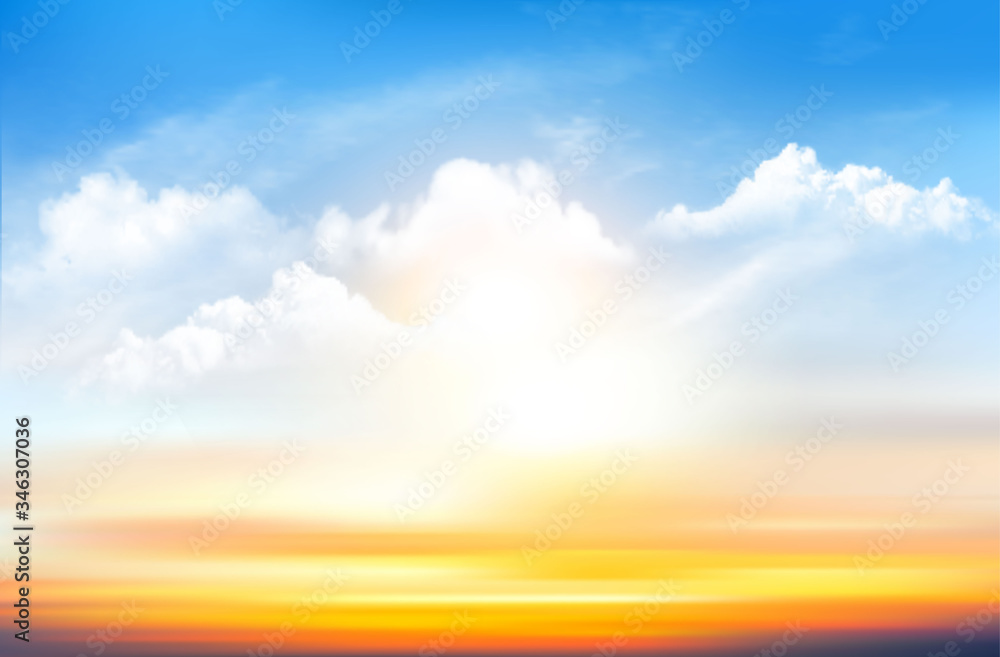 Poster sunset sky background with transparent clouds. vector illustration