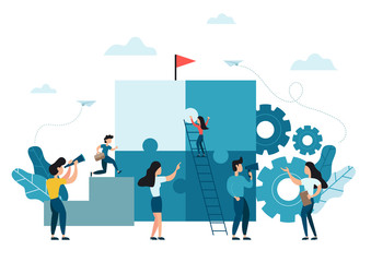 Business concept. Team metaphor. people connecting puzzle elements. Vector illustration flat design style. Symbol of teamwork, cooperation, partnership.