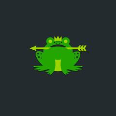 Princess frog logo. Green frog with a crown and an arrow on a dark background. Fairy tale character icon.