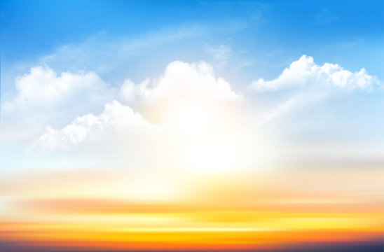 Sunset sky background with transparent clouds. Vector illustration