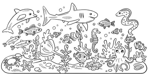 black and white illustration, coloring book for children. Animals of the sea and ocean. Set of different fish
