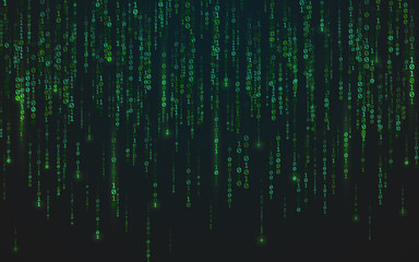 Binary matrix background. Green falling digits. Running bright numbers. Abstract data stream. Futuristic code backdrop. Cyber system concept. Vector illustration