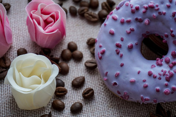 chocolate cupcake on pink background. chocolate and berry donuts with icing sugar