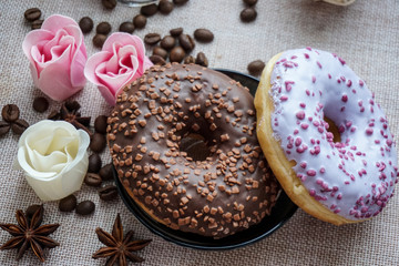 chocolate donuts with icing sugar