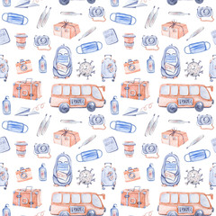 Coronavirus prevention. Quarantine and travel concept. Pandemic. Stop dangerous virus. Watercolor hand painted illustration for medical mask pattern, fabric, textile, poster, banner. Seamless  pattern