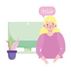 people communication and technology, young woman computer hello bubble