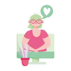 people communication and technology, girl computer speech bubble video digital