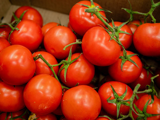 Tomatoes in a cardboard box on the supermarket counter.