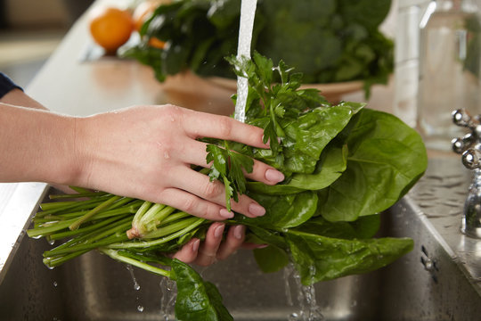 Healthy diet. Wash the greens in the sink