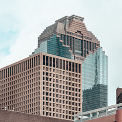 The tops of tall buildings in downtown Houston, Texas