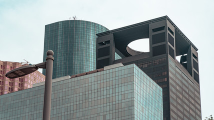 The tops of tall buildings in downtown Houston, Texas